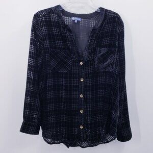 Democracy Velvet Burnout Button Up Shirt Women's XL Black Houndstooth Semi Sheer